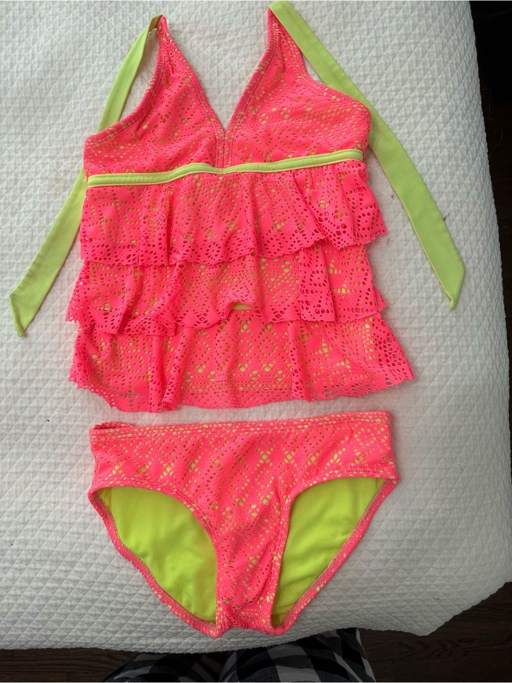 Justice Neon Pink Ruffle Tankini with Lime Green Trim
